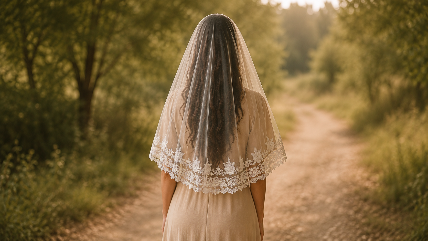 Mulher de costas em uma estrada de terra, usando véu de tule com barra de renda