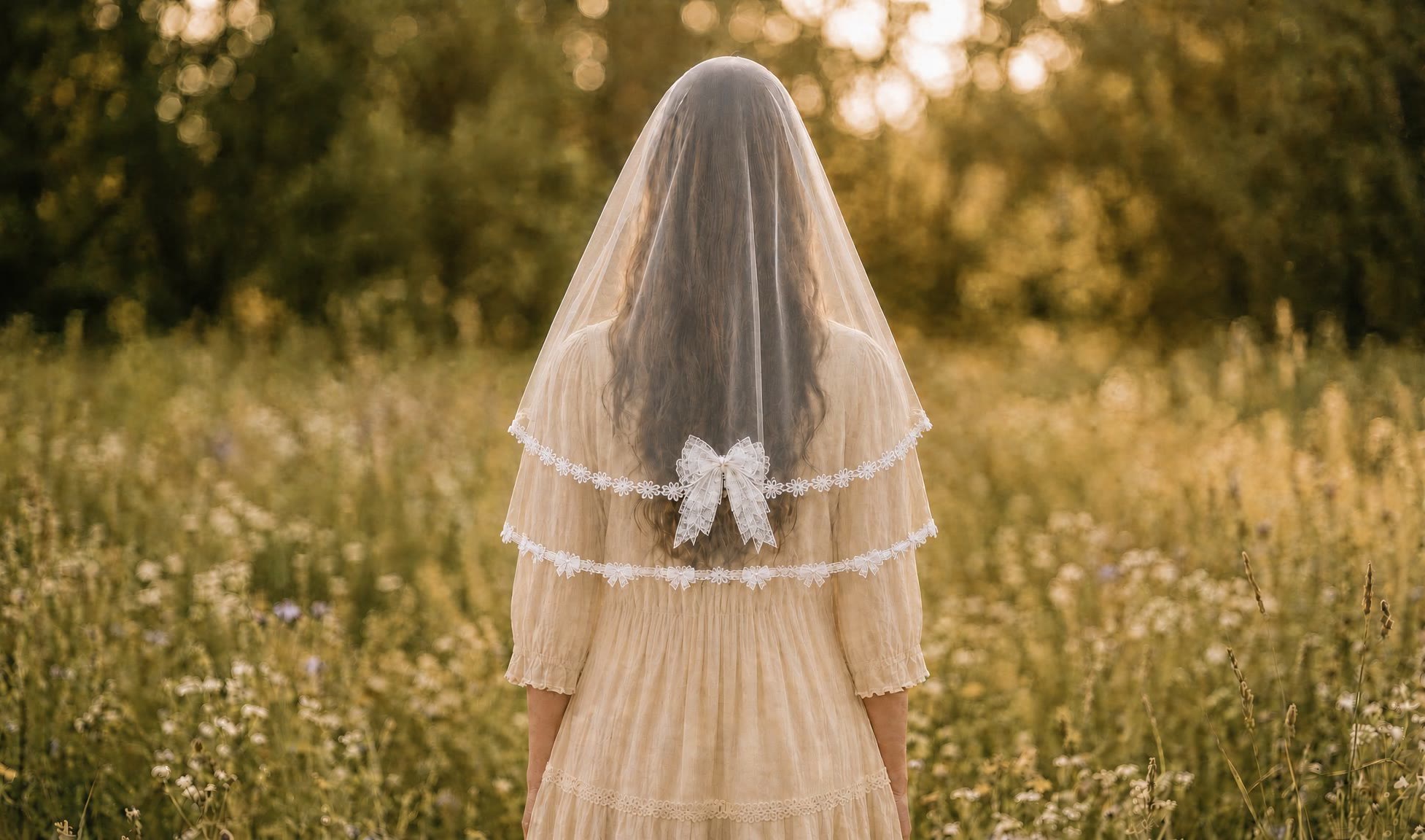 Mulher de costas num campo florido ao entardecer, usando véu de tule com barra de flores e laço